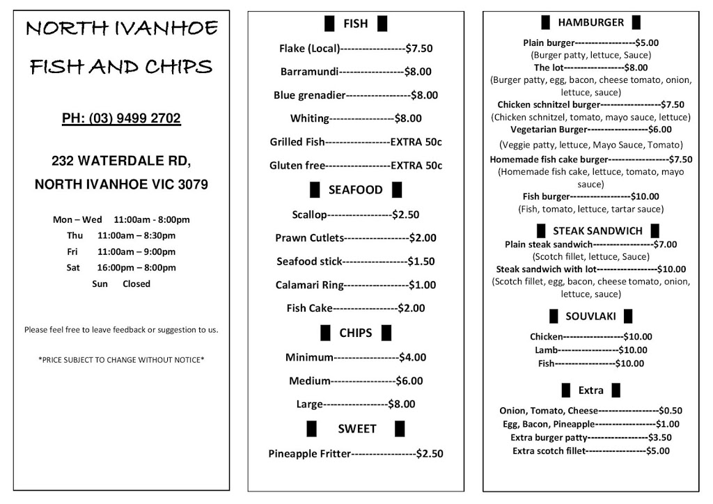 North Ivanhoe Fish & Chips | 232 Waterdale Rd, Ivanhoe VIC 3079, Australia | Phone: (03) 9499 2702