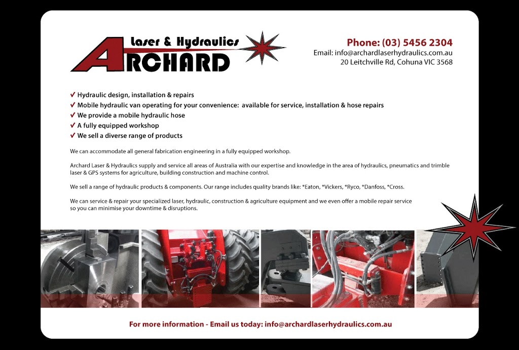 Archard Laser and Hydraulics |  | 20 Cohuna-Leitchville Rd, Cohuna VIC 3568, Australia | 0354562304 OR +61 3 5456 2304