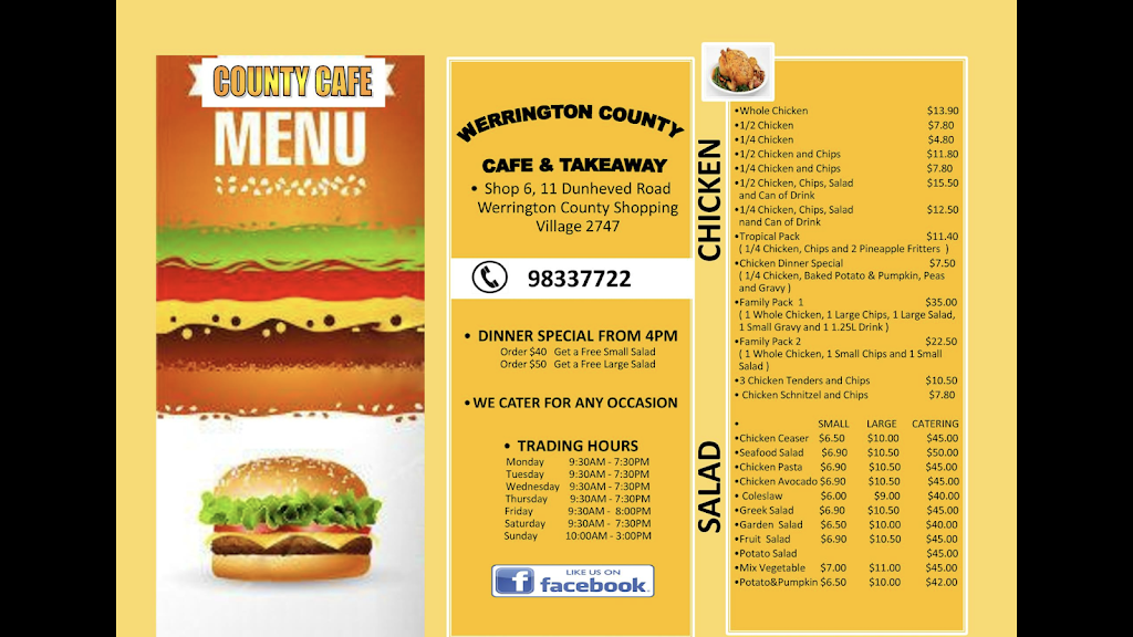 County Cafe and Takeaway | meal takeaway | Shop6/11 Dunheved Rd, Werrington County NSW 2747, Australia | 0298337722 OR +61 2 9833 7722
