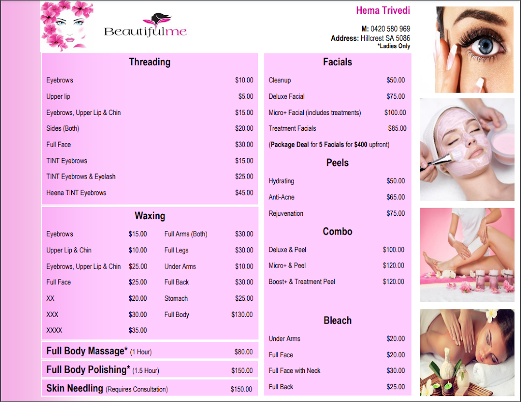 BeautifulMe Beauty Services | 62 Gascoyne Ave, Hillcrest SA 5086, Australia | Phone: 0420 580 969
