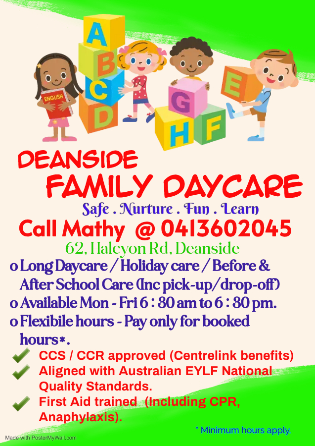 Deanside Family Daycare | 62 Halcyon Rd, Deanside VIC 3336, Australia | Phone: 0413 602 045