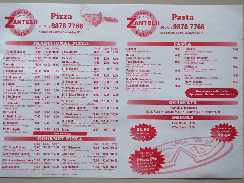 Zantelii Pizza | meal takeaway | 293B Springfield Rd, Melbourne VIC 3131, Australia | 0398787766 OR +61 3 9878 7766