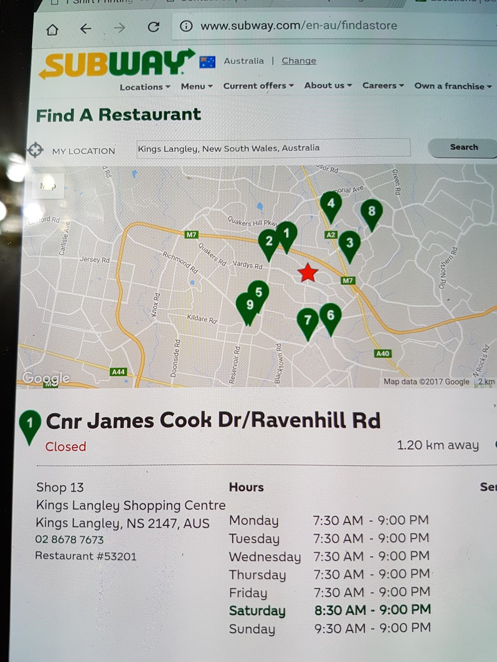 Subway® Restaurant | restaurant | 13/125 James Cook Dr, Kings Langley NSW 2147, Australia | 0286787673 OR +61 2 8678 7673