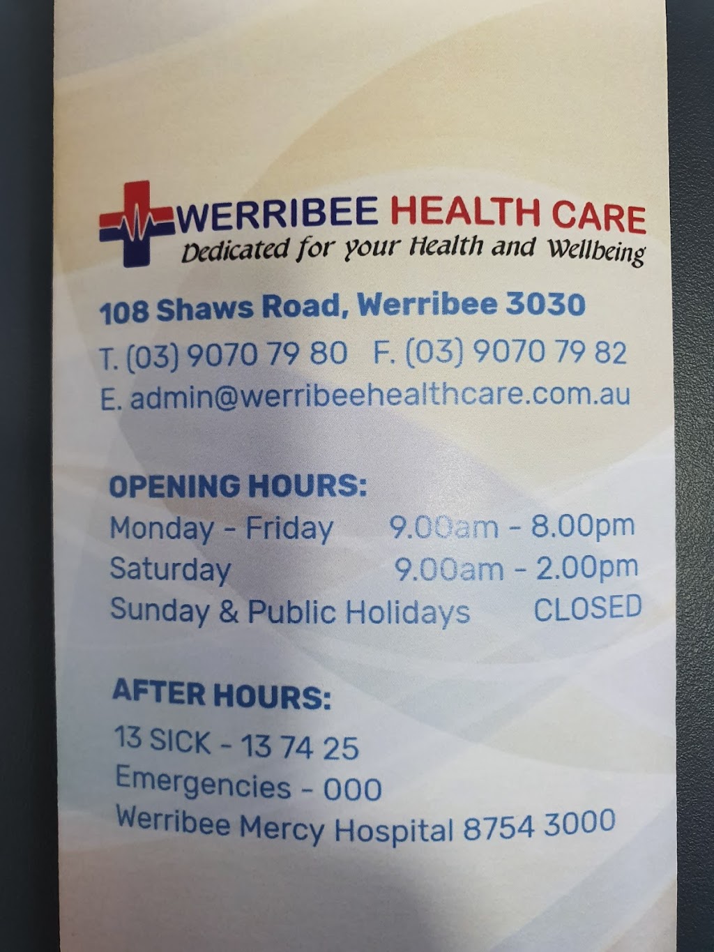 Werribee Health Care | hospital | 108 Shaws Rd, Werribee VIC 3030, Australia | 0390707980 OR +61 3 9070 7980