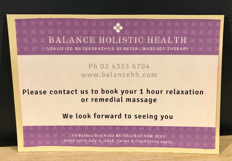 Balance Holistic Health | store | 58 Bateau Bay Rd, Bateau Bay NSW 2261, Australia | 0243336704 OR +61 2 4333 6704
