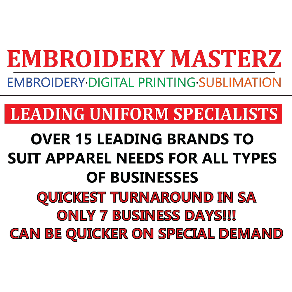 Embroidery Masterz | clothing store | 62/64 Gorge Rd, Newton SA 5074, Australia | 0870062280 OR +61 8 7006 2280
