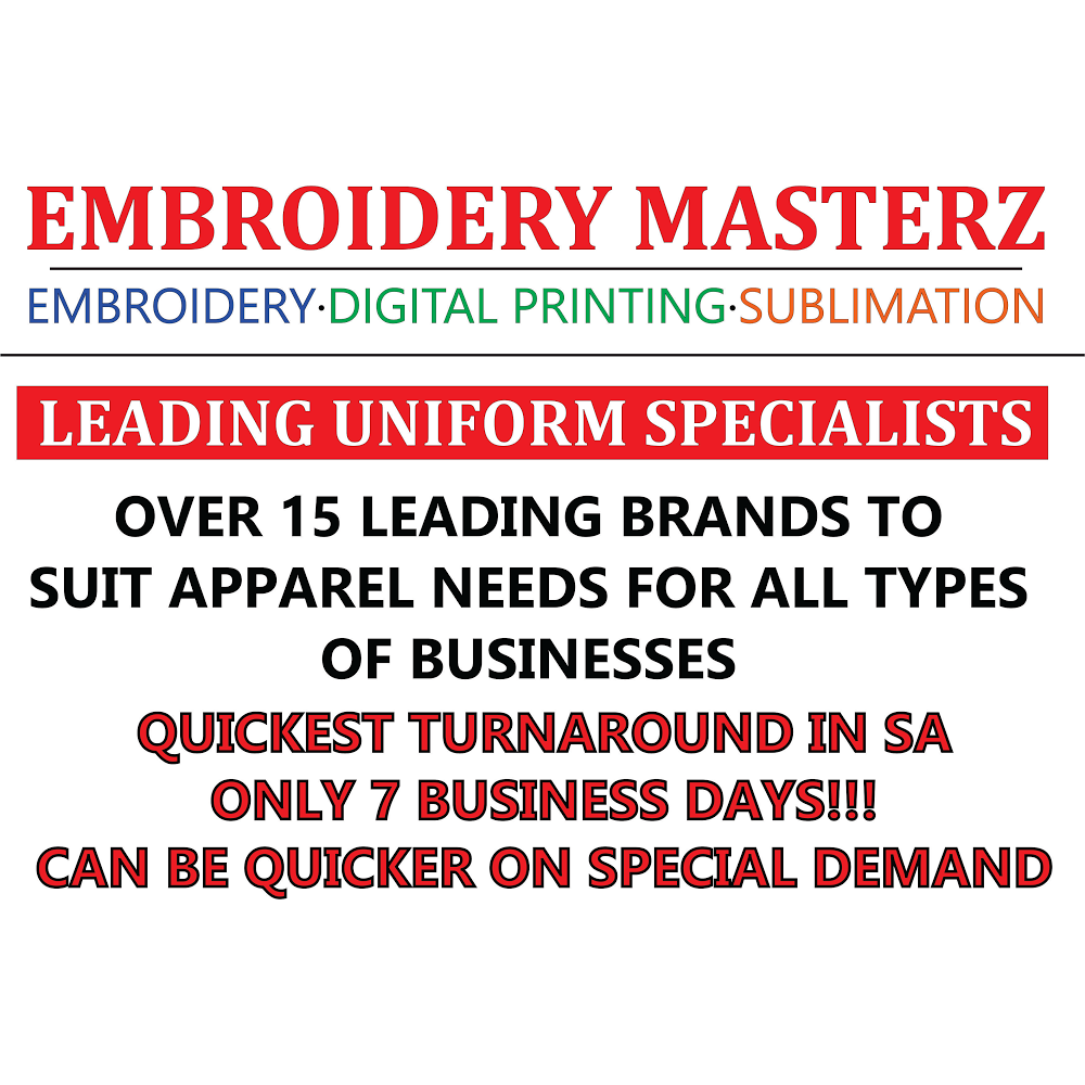 Embroidery Masterz | 62/64 Gorge Rd, Newton SA 5074, Australia | Phone: (08) 7006 2280