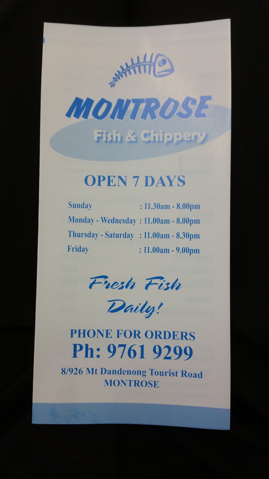 Montrose Fish & Chipperie | meal takeaway | 8/926 Mount Dandenong Tourist Rd, Montrose VIC 3765, Australia | 0397619299 OR +61 3 9761 9299