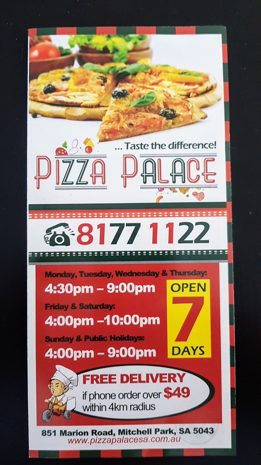 Pizza Palace | restaurant | 851 Marion Rd, Mitchell Park SA 5043, Australia | 0881771122 OR +61 8 8177 1122