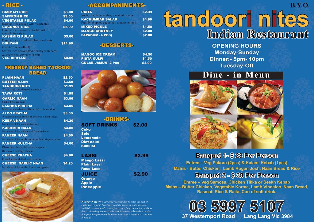 Tandoori Nites | restaurant | 37 Westernport Rd, Lang Lang VIC 3984, Australia | 0359975107 OR +61 3 5997 5107