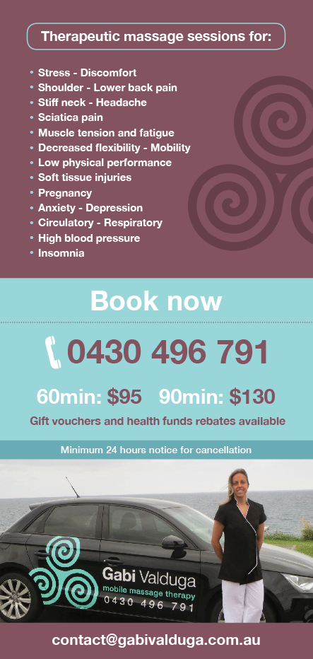 Gabi Valduga Mobile Massage Therapy | 27 Kingsmill Cct, Peregian Springs QLD 4573, Australia | Phone: 0430 496 791
