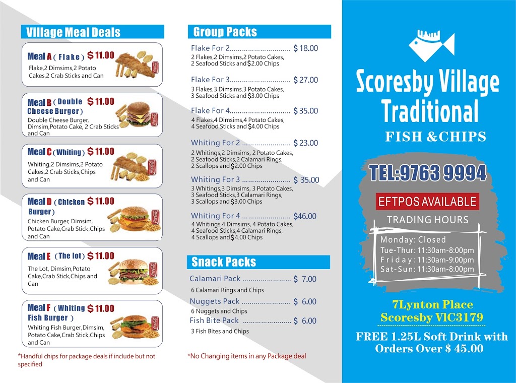 Scoresby Village Traditional Fish & Chips | meal takeaway | 7 Lynton Pl, Scoresby VIC 3179, Australia | 0397639994 OR +61 3 9763 9994