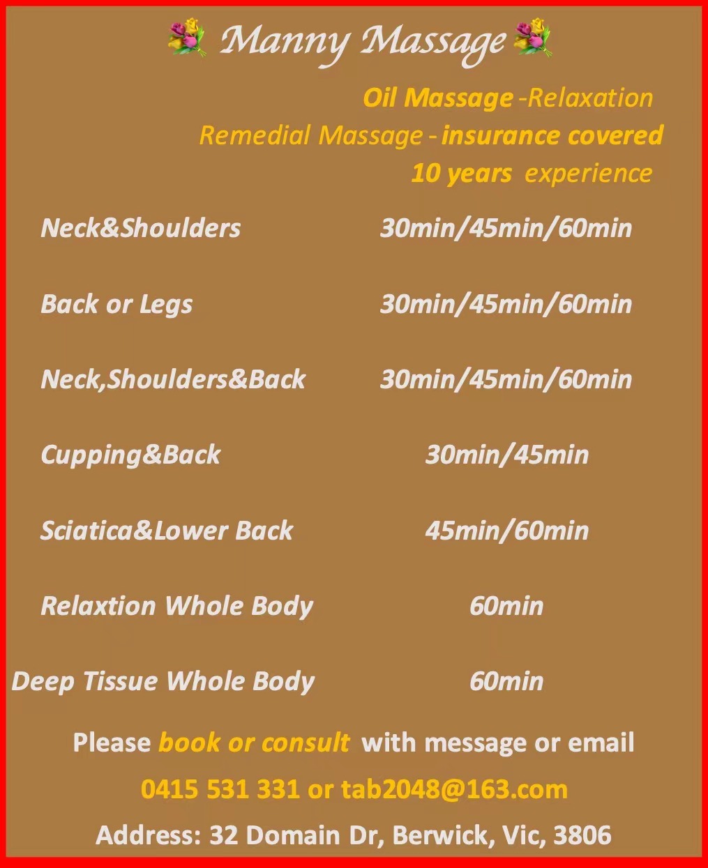 Manny Massage | 32 Domain Dr, Berwick VIC 3806, Australia | Phone: 0415 531 331