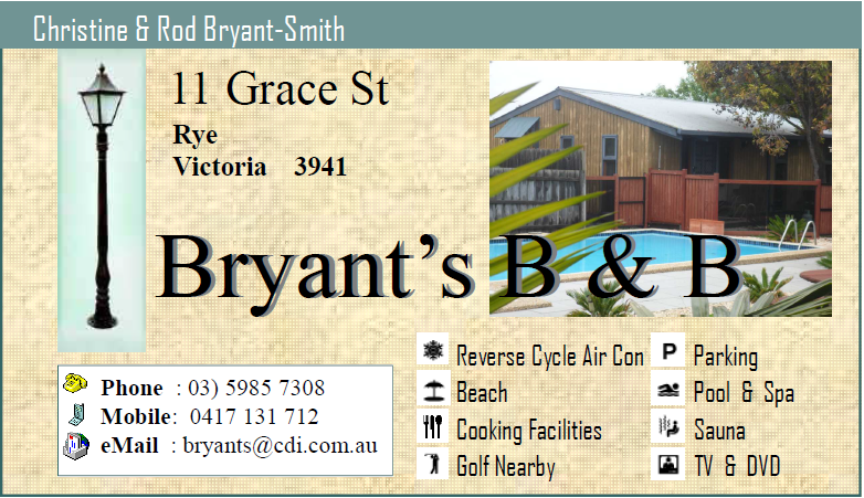 Bryants B & B | lodging | 11 Grace St, Rye VIC 3941, Australia | 0359857308 OR +61 3 5985 7308