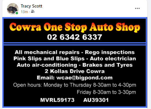 Cowra One Stop Auto Shop | car repair | 2 Kollas Dr, Cowra NSW 2794, Australia | 0263426337 OR +61 2 6342 6337