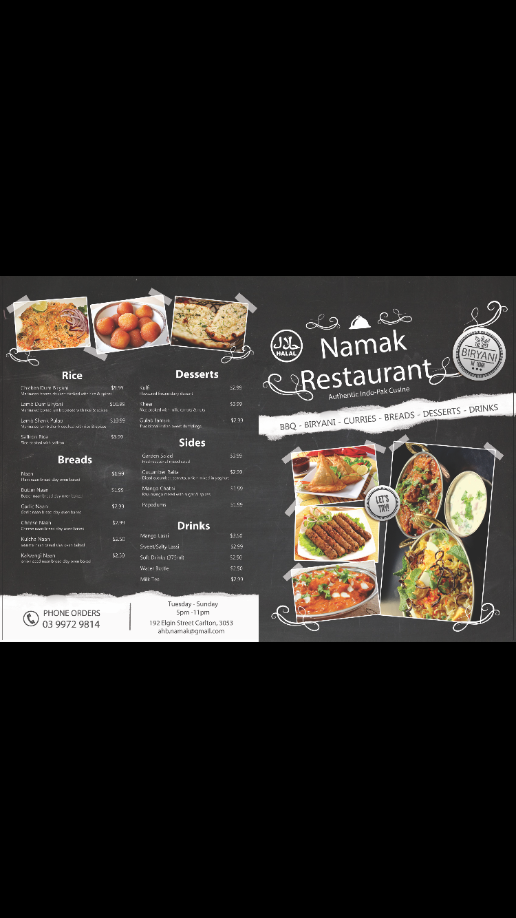 Namak restaurant | restaurant | 192 Elgin St, Carlton VIC 3053, Australia | 0399729814 OR +61 3 9972 9814