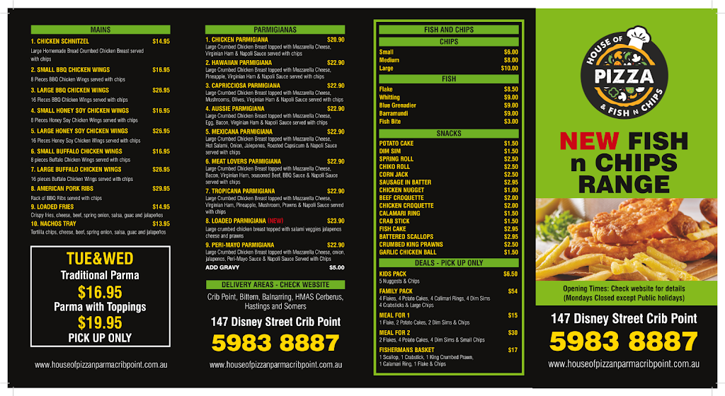 House of Pizza n Parma | 147 Disney St, Crib Point VIC 3919, Australia | Phone: (03) 5983 8887