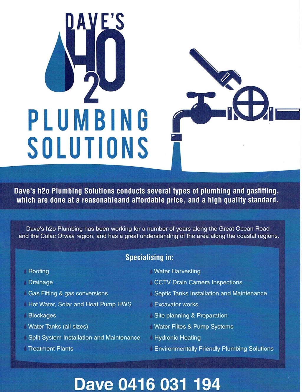 Dave’s h2o Plumbing Solutions | plumber | Great Ocean Rd, Kennett River VIC 3234, Australia | 0416031194 OR +61 416 031 194