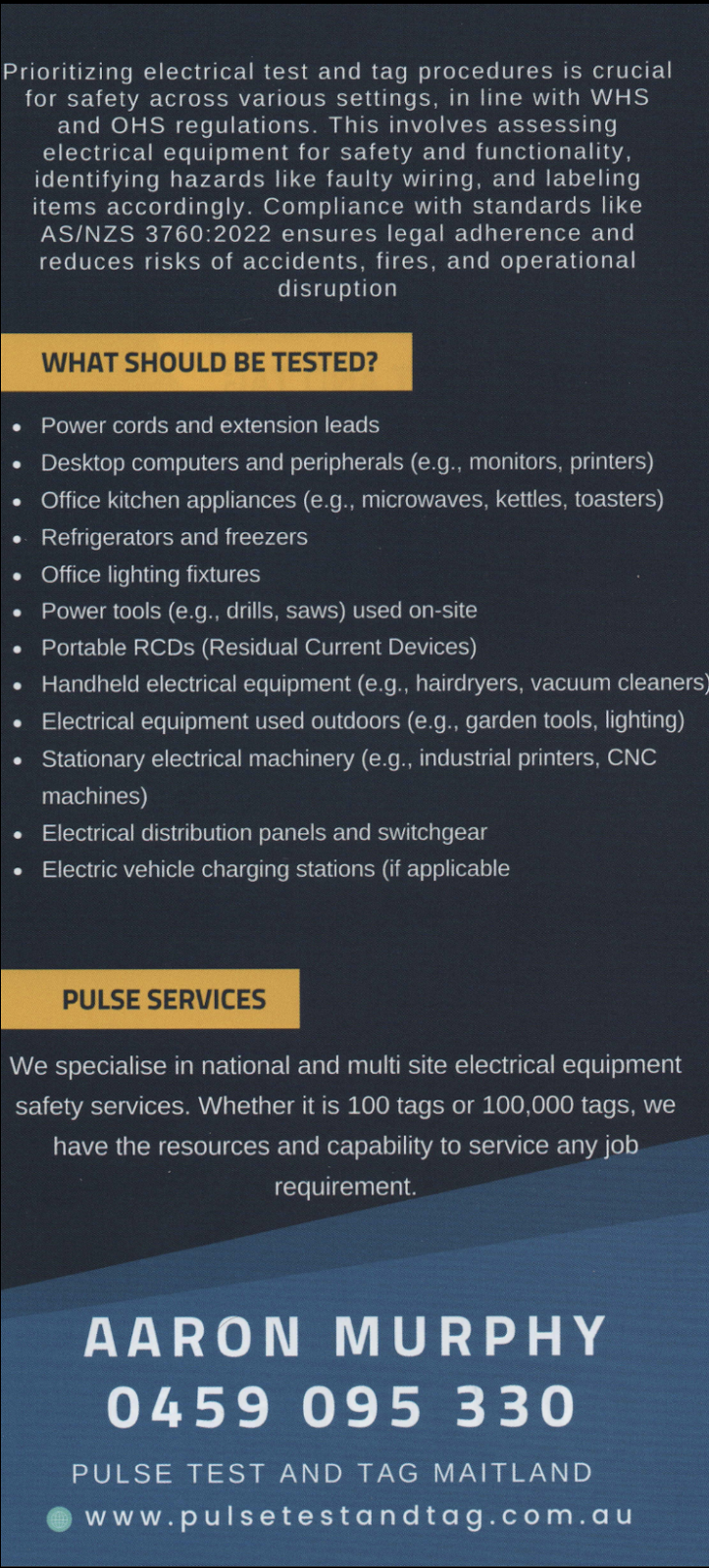 Pulse Test and Tag Maitland | 99 Addison St, Beresfield NSW 2322, Australia | Phone: 0459 095 330