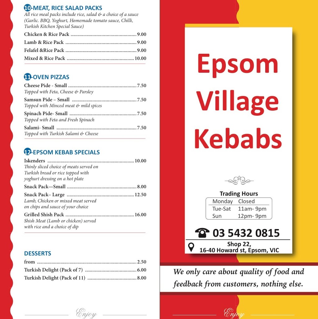 Epsom Village kebabs | shop 22/16-40 Howard St, Epsom VIC 3551, Australia | Phone: (03) 5432 0815