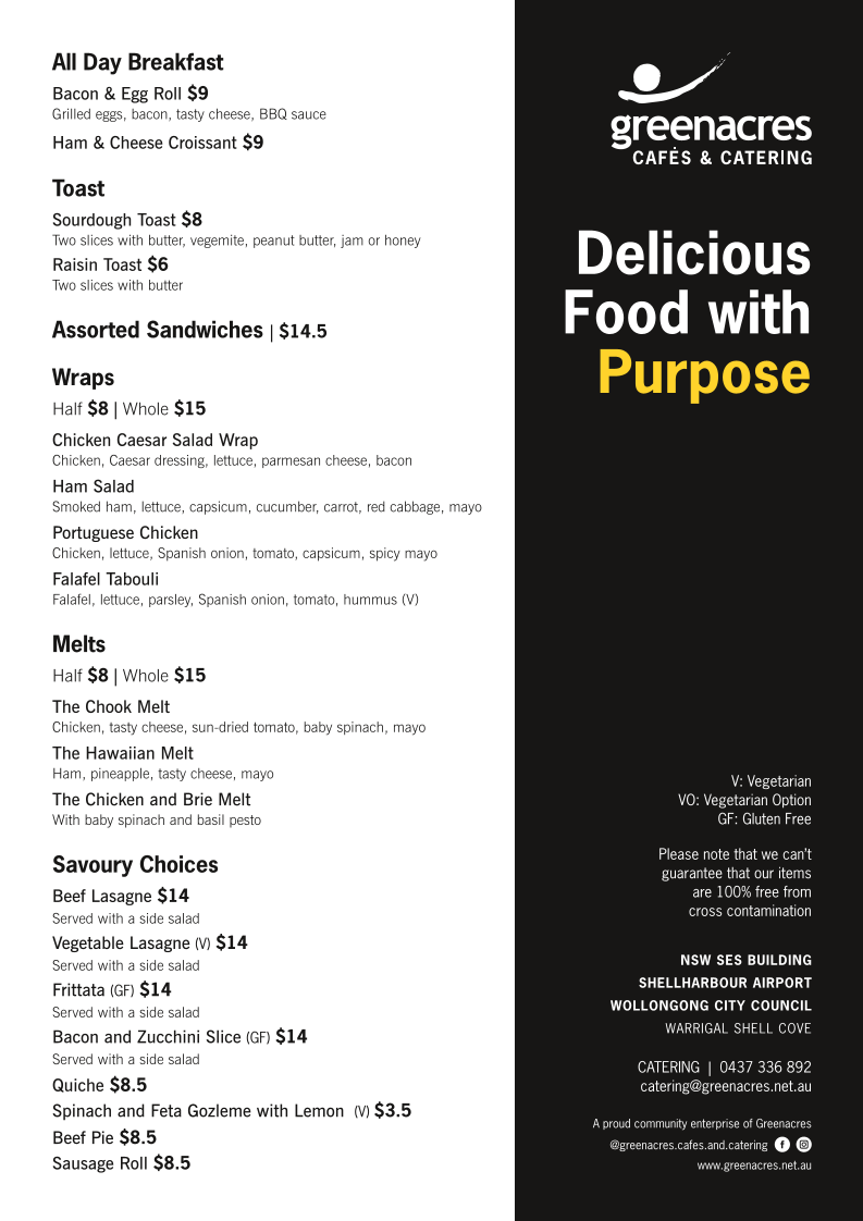 Greenacres Cafés & Catering Shellharbour Airport Cafe | 45 Airport Rd, Albion Park Rail NSW 2527, Australia | Phone: 0437 336 892