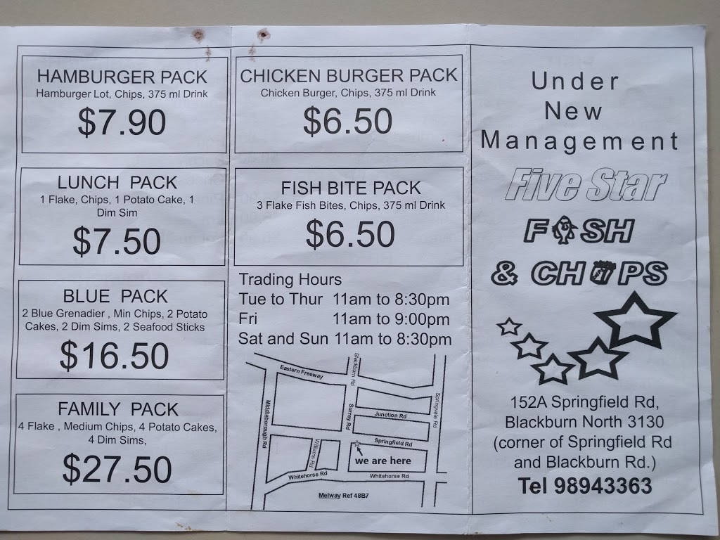 Five Star Fish Shop | meal takeaway | 152A Springfield Rd, Blackburn VIC 3130, Australia | 0398943363 OR +61 3 9894 3363