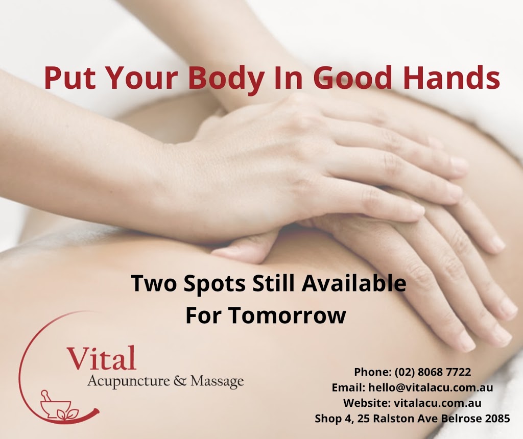 Vital Acupuncture and Massage | health | 4/25 Ralston Ave, Belrose NSW 2085, Australia | 0280687722 OR +61 2 8068 7722