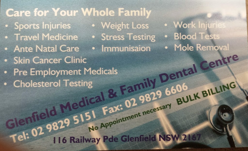 Glenfield Medical & Family Dental Centre | health | 116 Railway Parade, Glenfield NSW 2167, Australia | 0298295151 OR +61 2 9829 5151
