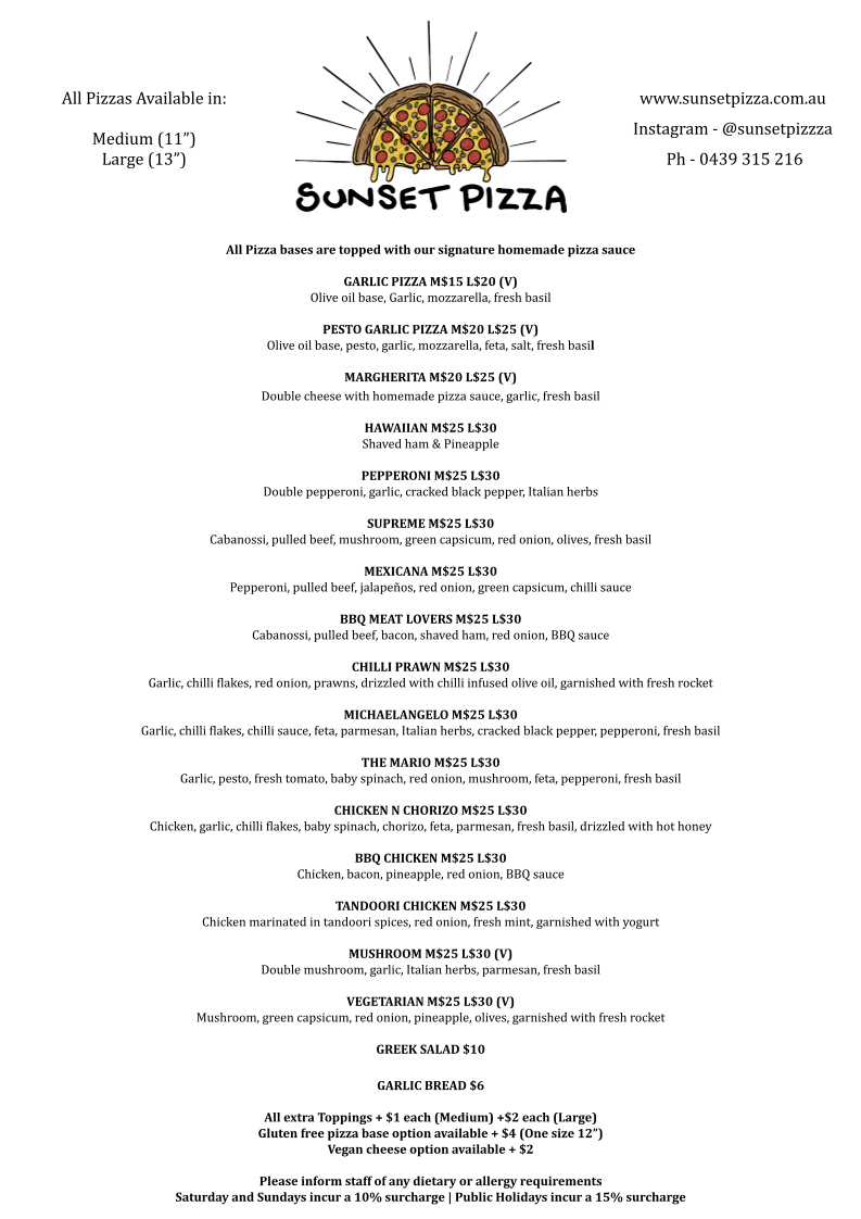 Sunset Pizza | 11 Coolangatta Rd, Coolangatta NSW 2535, Australia | Phone: 0439 315 216