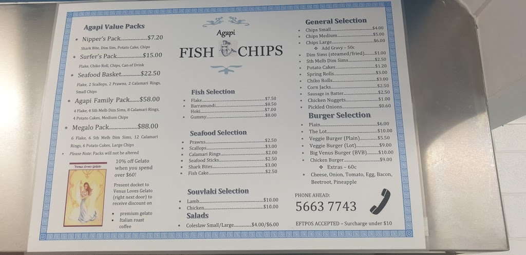 Agapi Fish & Chips | restaurant | 112 Jupiter Blvd, Venus Bay VIC 3956, Australia | 0356637743 OR +61 3 5663 7743