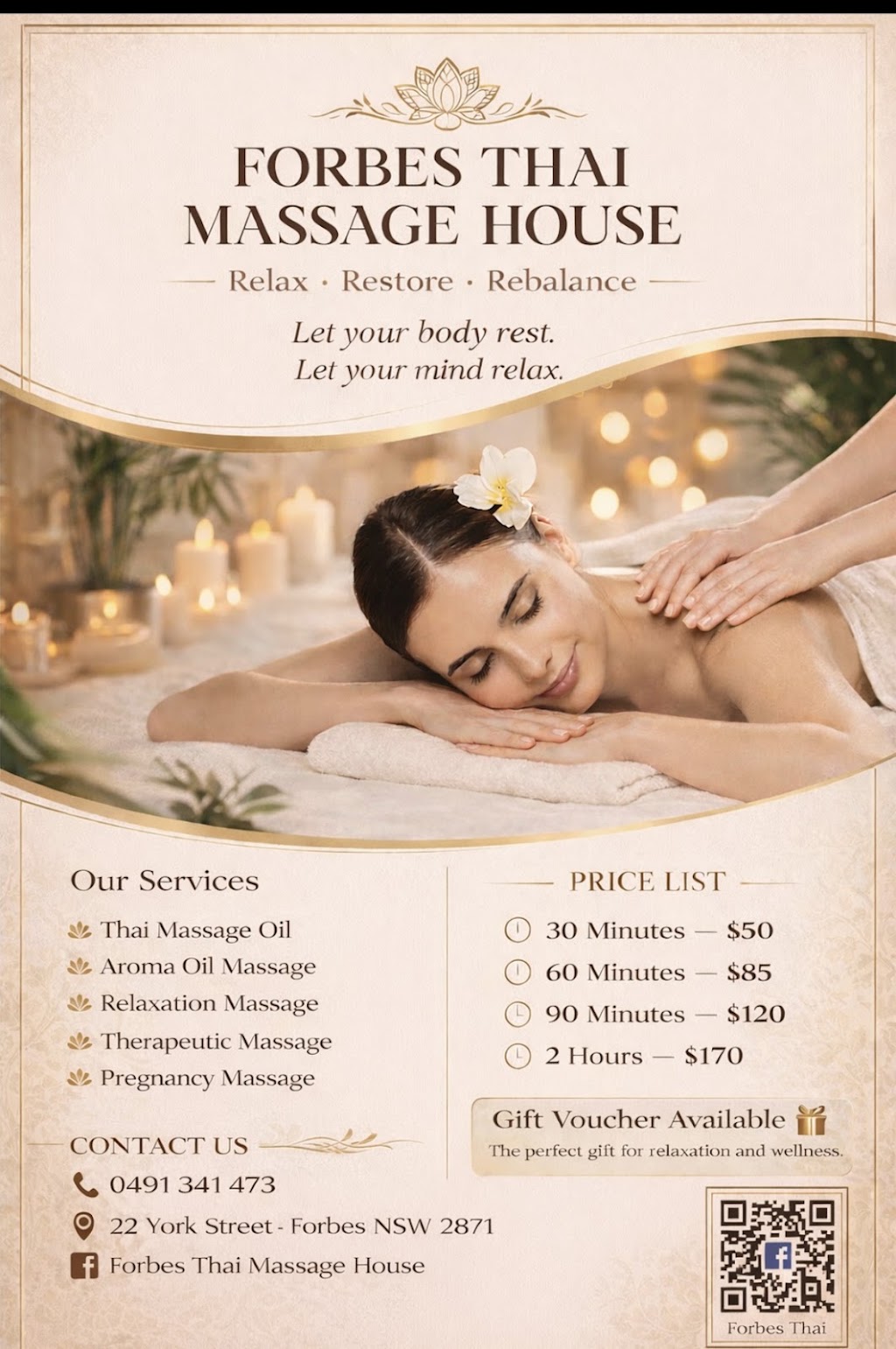 Forbes Thai Masssge House | 22 York St, Forbes NSW 2871, Australia | Phone: 0491 341 473