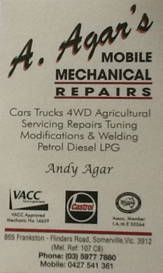 Agars Mobile Mechanical Repairs | car repair | 865 Frankston - Flinders Rd, Somerville VIC 3912, Australia | 0359777880 OR +61 3 5977 7880