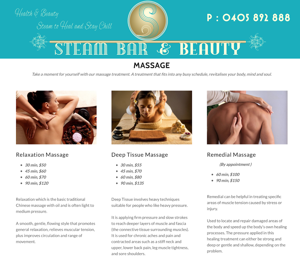 Steam Bar & Beauty | spa | 121 Grey St, St Kilda VIC 3182, Australia | 0405892888 OR +61 405 892 888