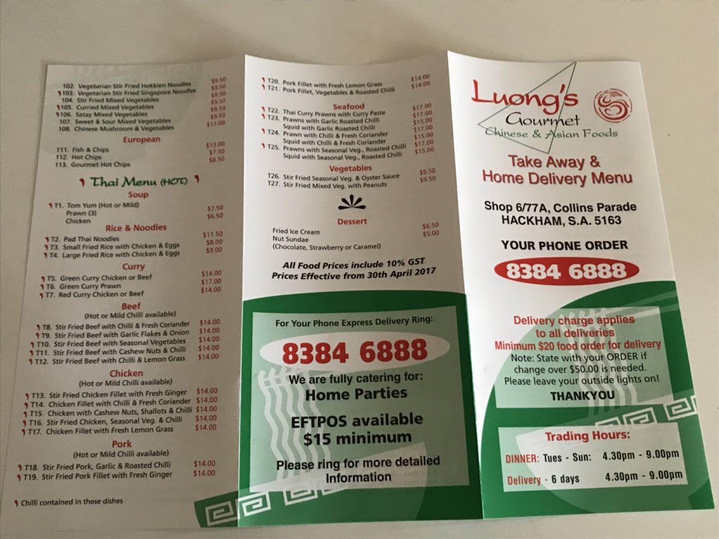 Luongs Gourmet | meal takeaway | Shop 6/77 Collins Parade, Hackham SA 5163, Australia | 0883846888 OR +61 8 8384 6888