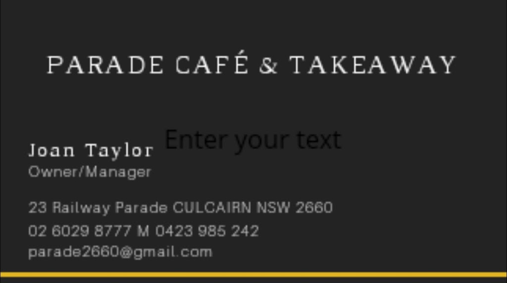 Parade Café & Takeaway | 23 Railway Parade, Culcairn NSW 2660, Australia | Phone: (02) 6029 8777