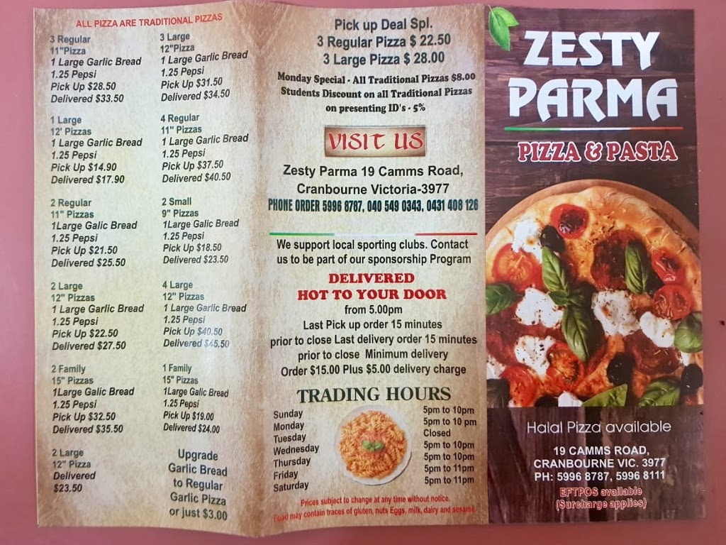 Zesty Parma Pizza And Pasta | meal delivery | 19 Camms Rd, Cranbourne VIC 3977, Australia | 0359968787 OR +61 3 5996 8787