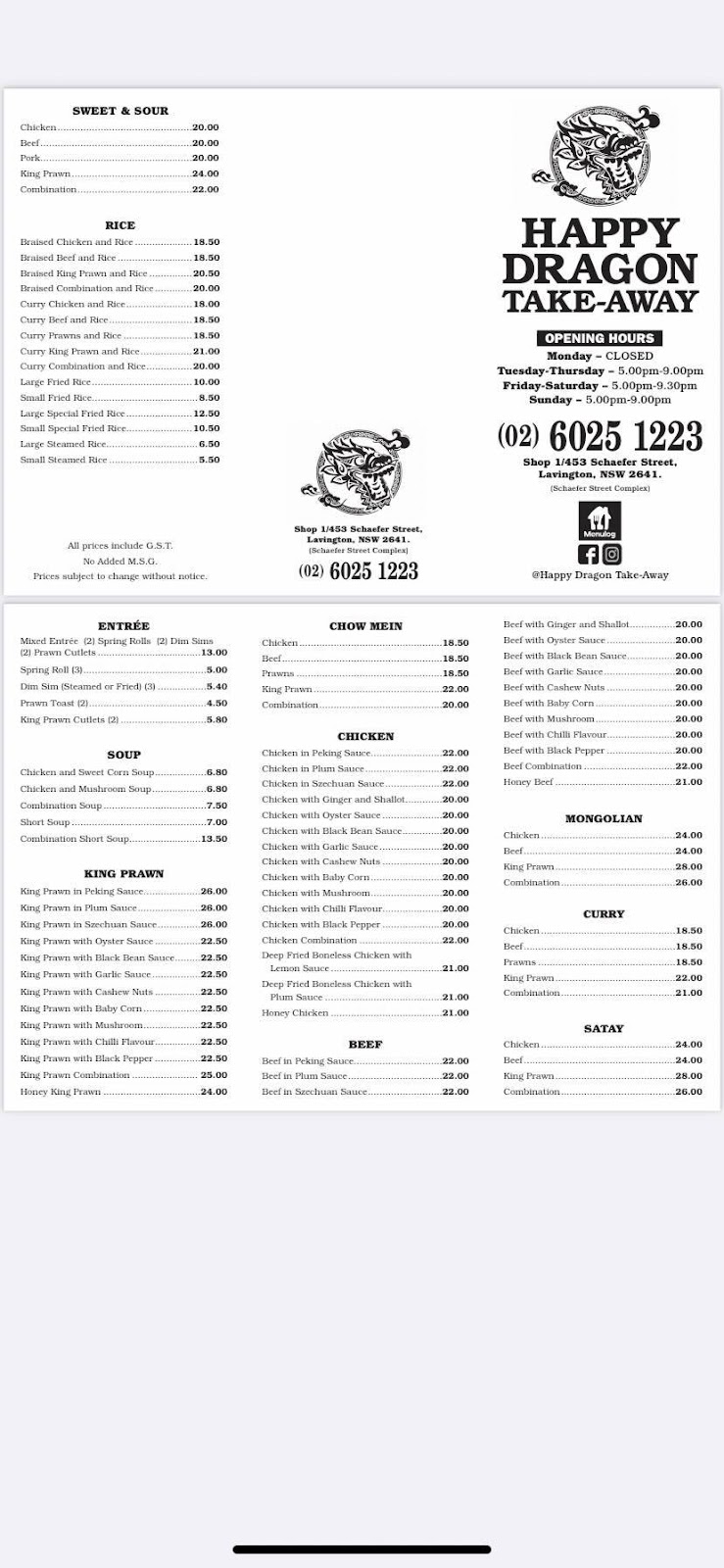 Happy Dragon Takeaway | meal takeaway | 453 Schaefer St, Lavington NSW 2641, Australia | 0260251223 OR +61 2 6025 1223
