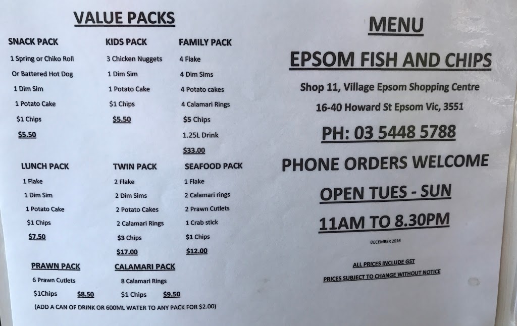 Epsom Fish and Chips | meal takeaway | Epsom Village Shopping Centre, 11/16 Howard St, Epsom VIC 3551, Australia | 0354485788 OR +61 3 5448 5788