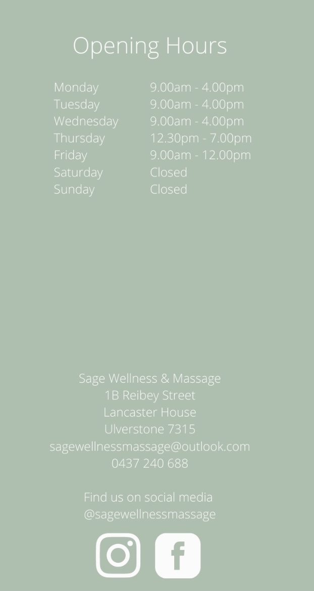 Sage Wellness & Massage | Lancaster House, 1b Reibey St, Ulverstone TAS 7315, Australia | Phone: 0437 240 688