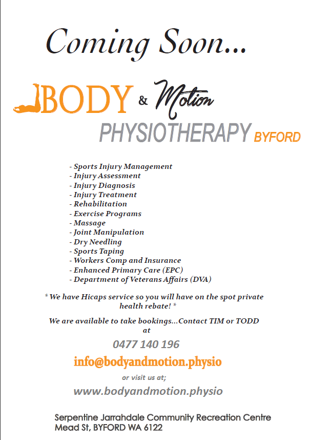 Body and Motion Physiotherapy Byford | Serpentine Jarrahdale Community Recreation Centre, Mead Street, Byford WA 6122, Australia | Phone: 0477 140 196