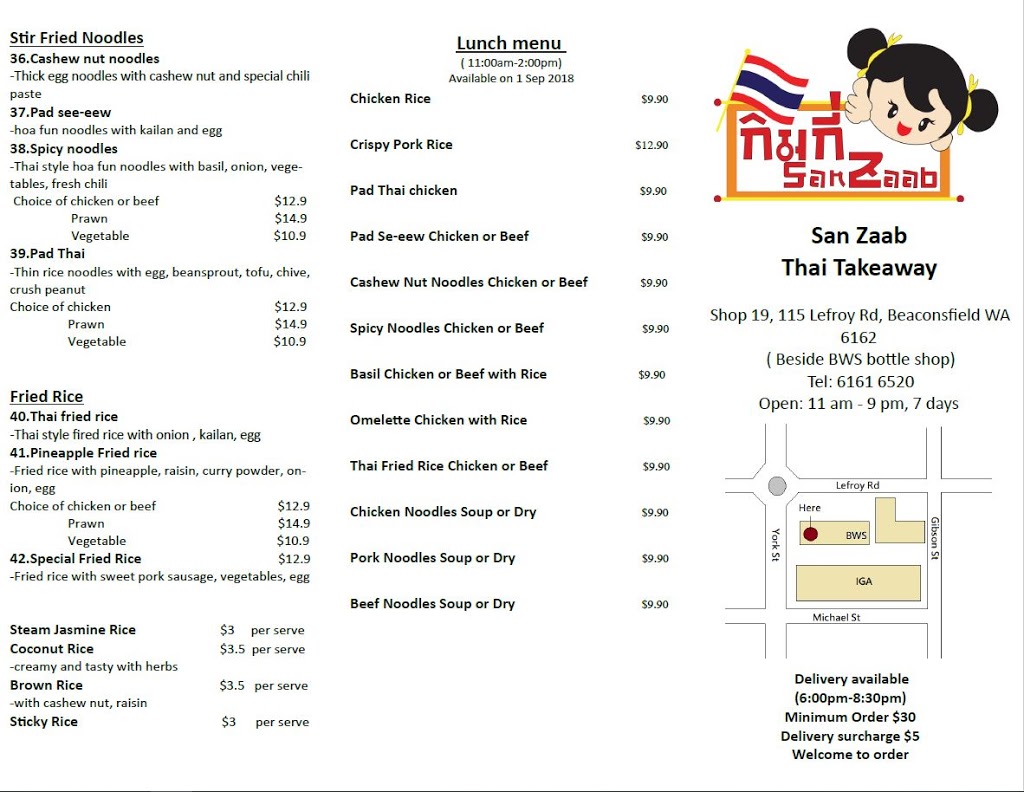 San Zaab Thai Takeaway | meal takeaway | 19/115 Lefroy Rd, Beaconsfield WA 6162, Australia | 0861530991 OR +61 8 6153 0991