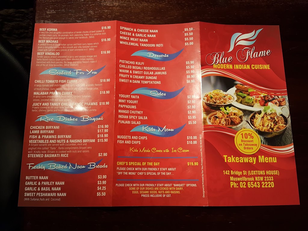 Blue Flame Indian Restaurant Muswellbrook | restaurant | 142 Bridge St, Muswellbrook NSW 2333, Australia | 0265432220 OR +61 2 6543 2220