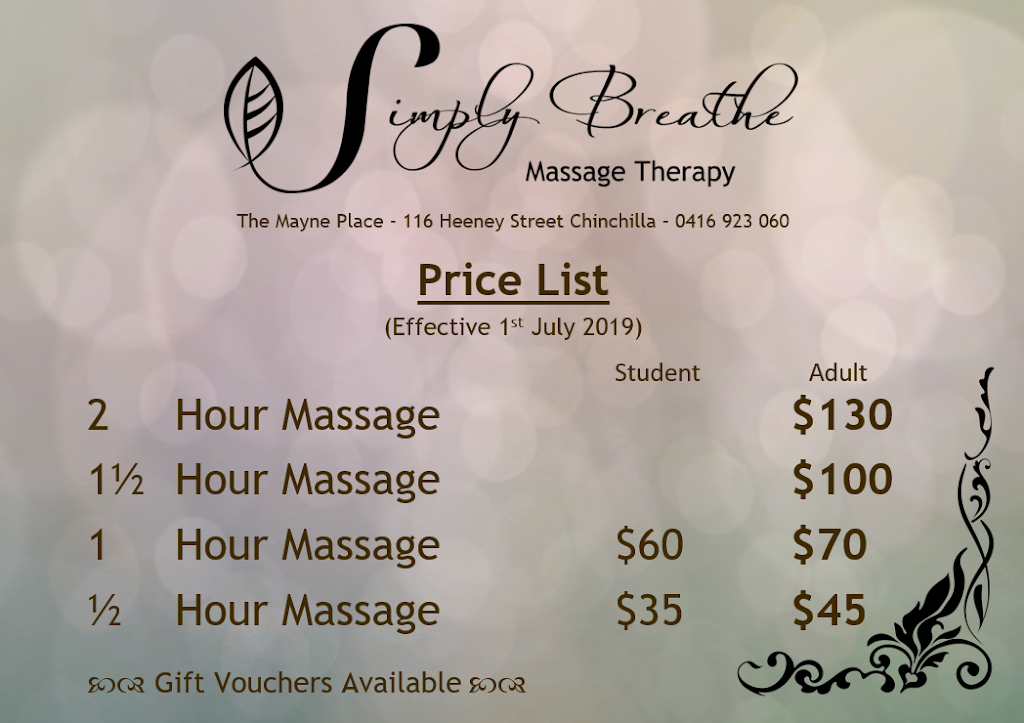 Simply Breathe Massage Therapy | 35 Sommerfeld Cres, Chinchilla QLD 4413, Australia | Phone: 0416 923 060