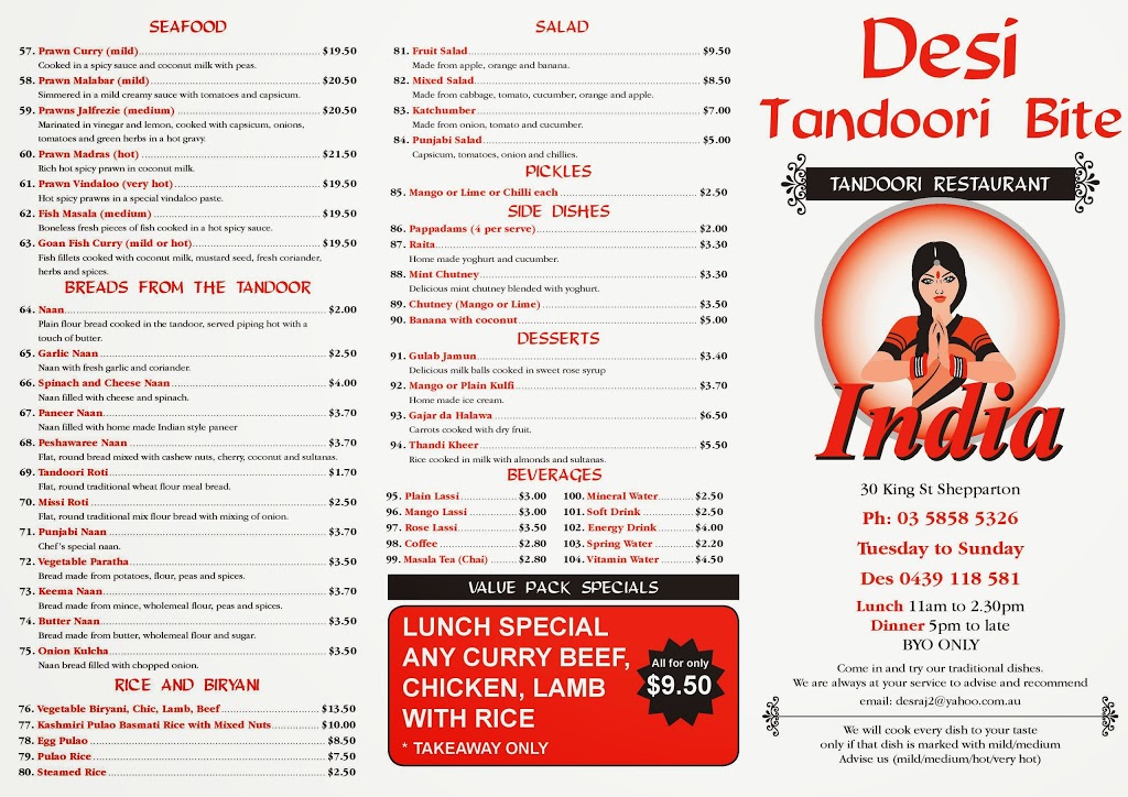Desi Tandoori Bite | restaurant | 30 King St, Shepparton VIC 3630, Australia | 0358585326 OR +61 3 5858 5326