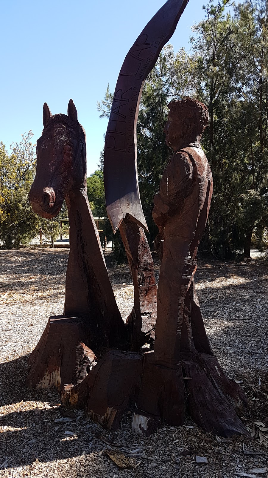 Braeside Park - Head of Pharlap carved in wood | Federation Trail, Braeside VIC 3195, Australia