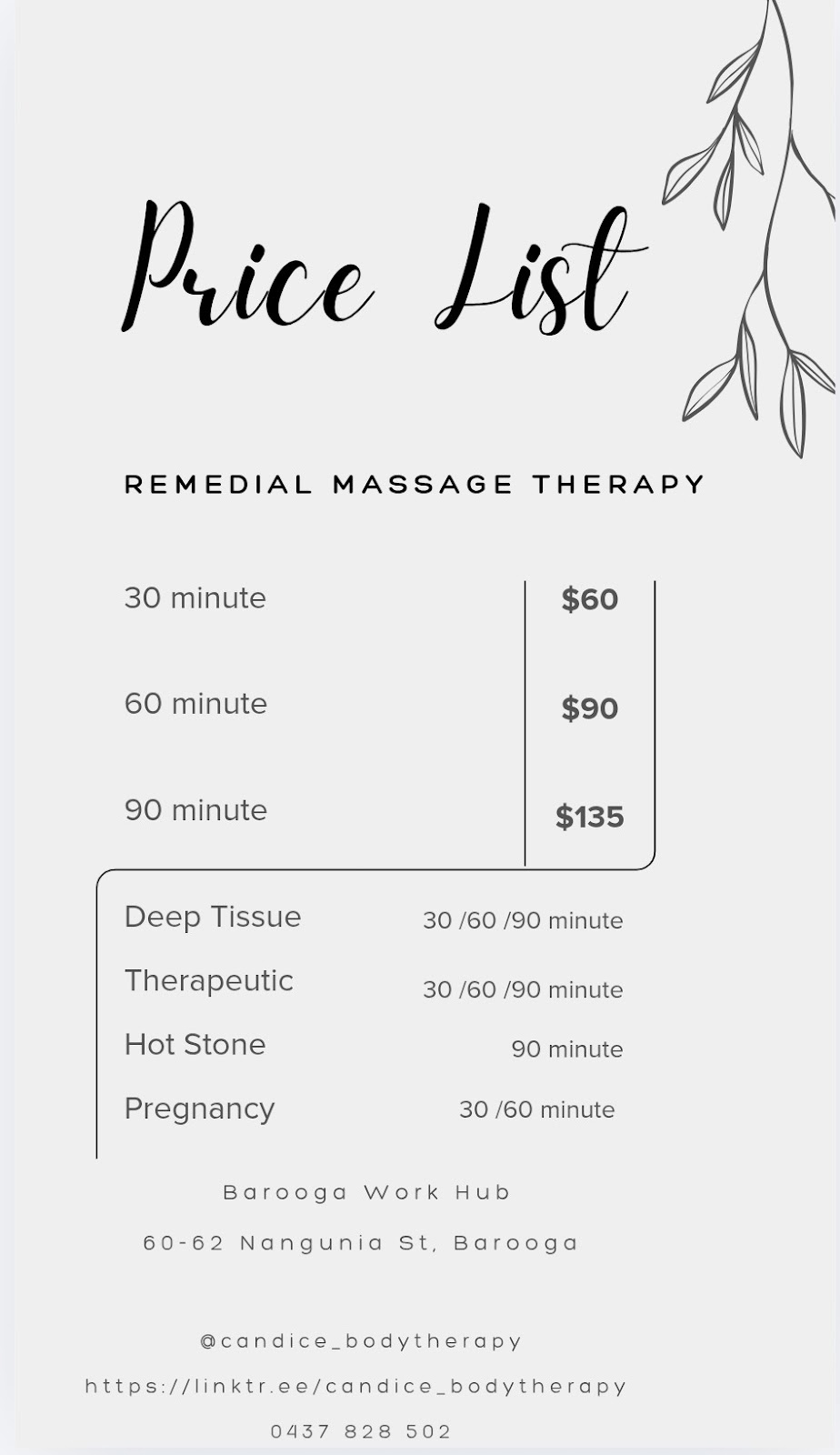 Body Therapy by Candice | 60-62 Nangunia St, Barooga NSW 3644, Australia | Phone: 0437 828 502