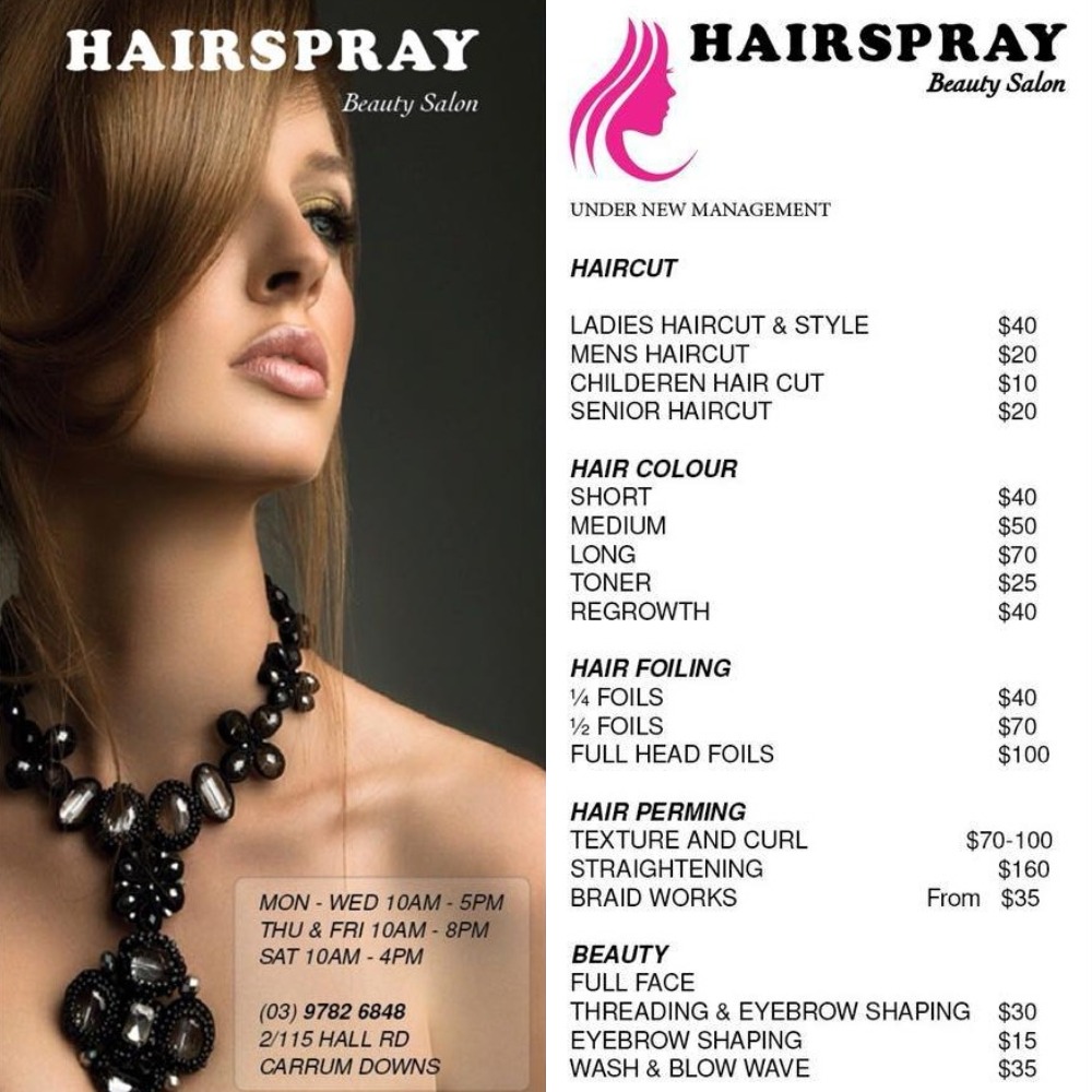 Hairspray Beauty Salon | hair care | 2/115 Hall Rd, Carrum Downs VIC 3201, Australia | 0397826848 OR +61 3 9782 6848