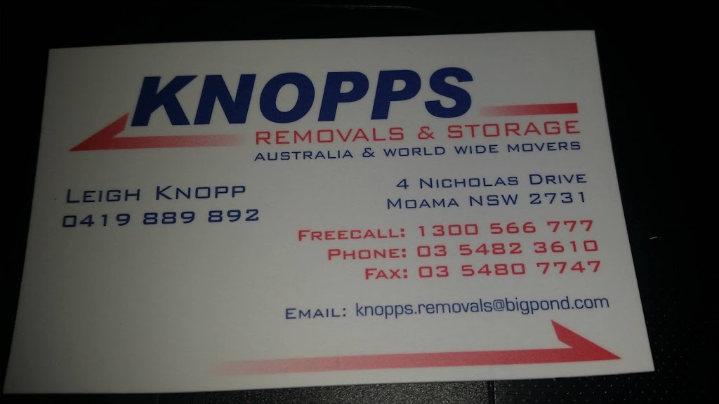 Knopps Removals & Storage Pty Ltd | moving company | 4 Nicholas Dr, Moama NSW 2731, Australia | 0419889892 OR +61 419 889 892