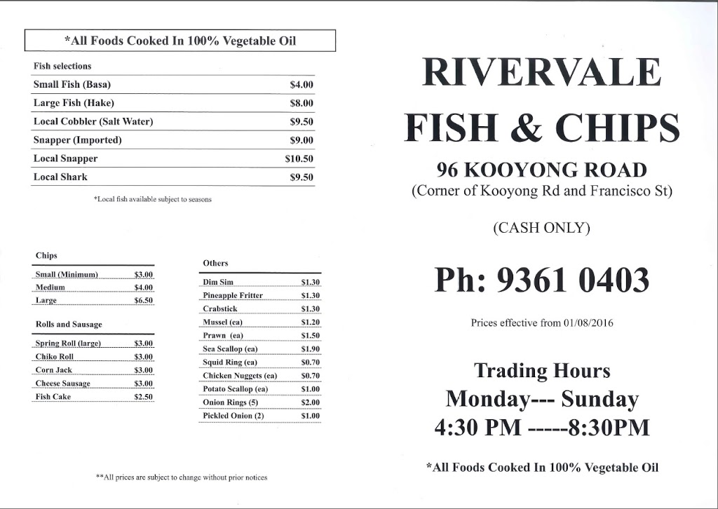 Rivervale Fish & Chips | 96 Kooyong Rd, Rivervale WA 6103, Australia | Phone: (08) 9361 0403