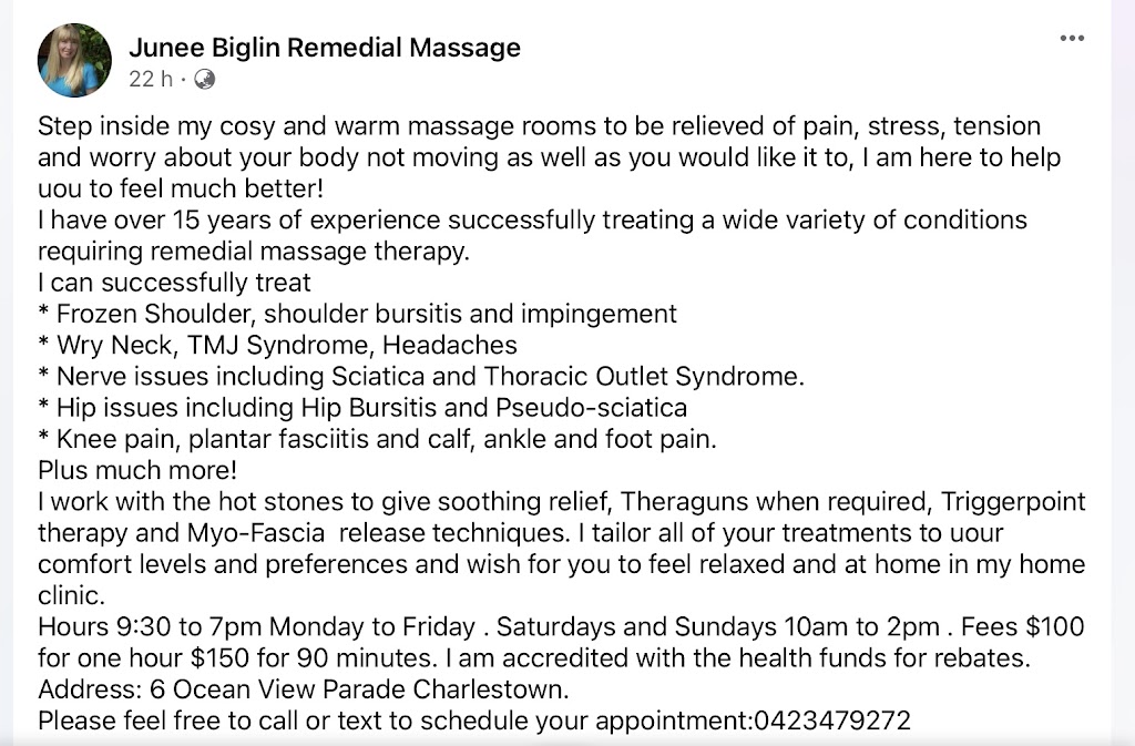 Junee Biglin Remedial Massage | 6 Ocean View Parade, Charlestown NSW 2290, Australia | Phone: 0423 479 272